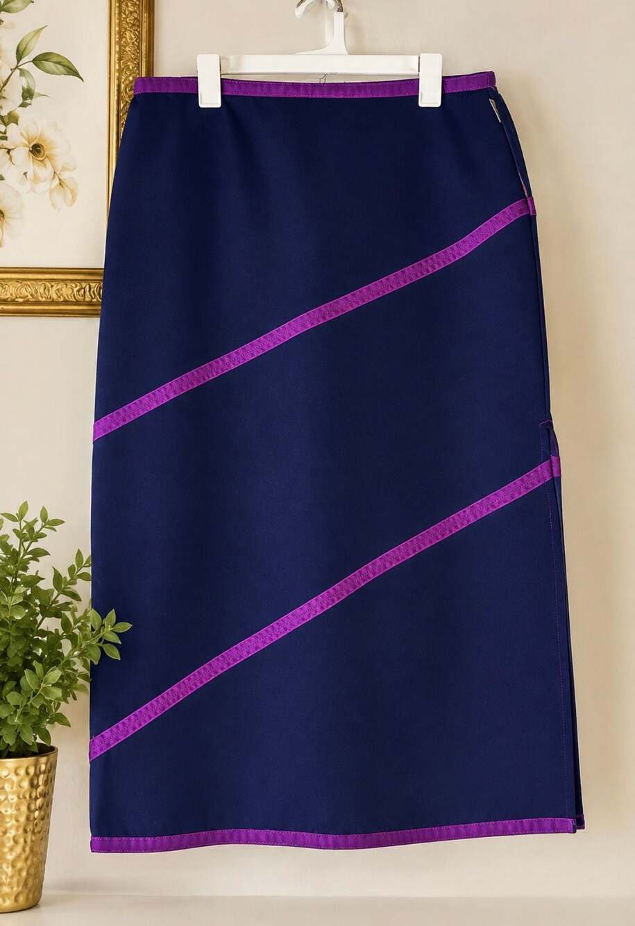 US Jean Club Vintage Navy Blue and Purple Striped Midi Skirt Size 16